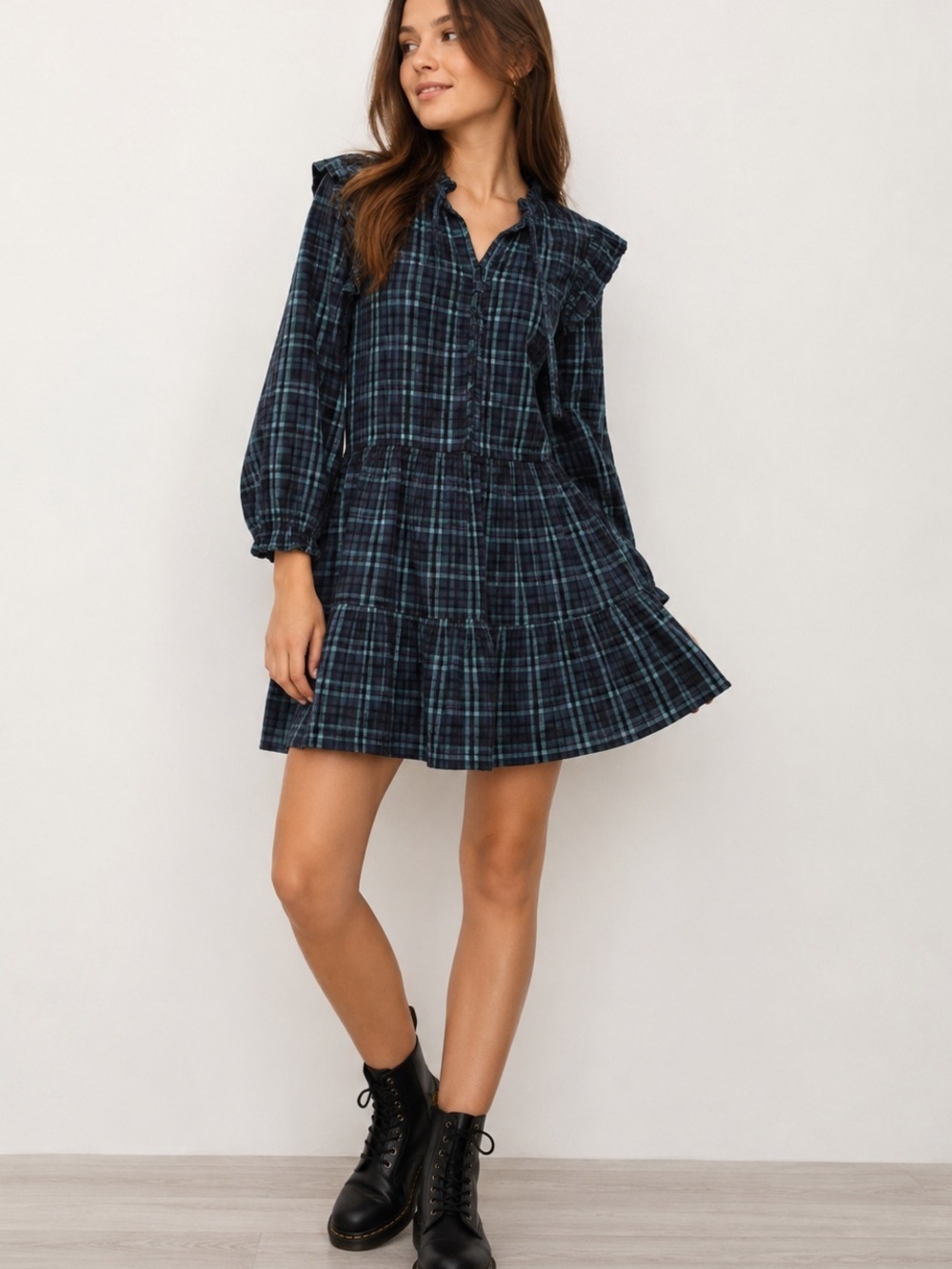Madewell Navy & Teal Plaid Ruffle-Yoke Mini Dress